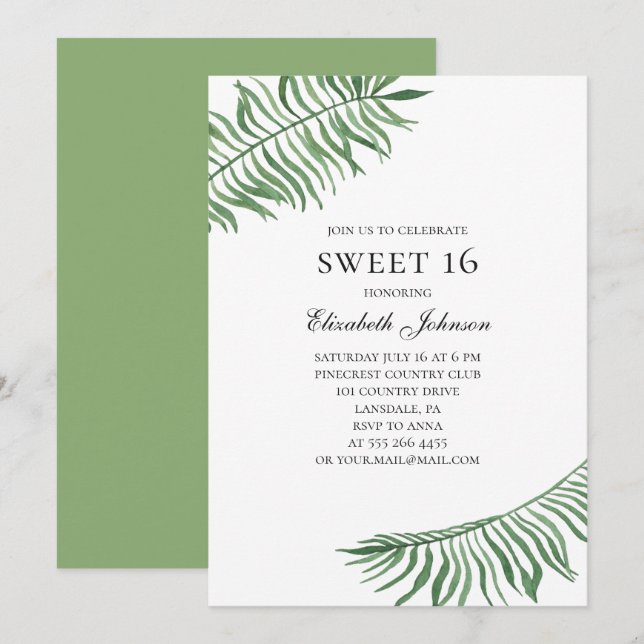 Tropical Sweet 16. Green exotic 16th birthday Invitation (Front/Back)