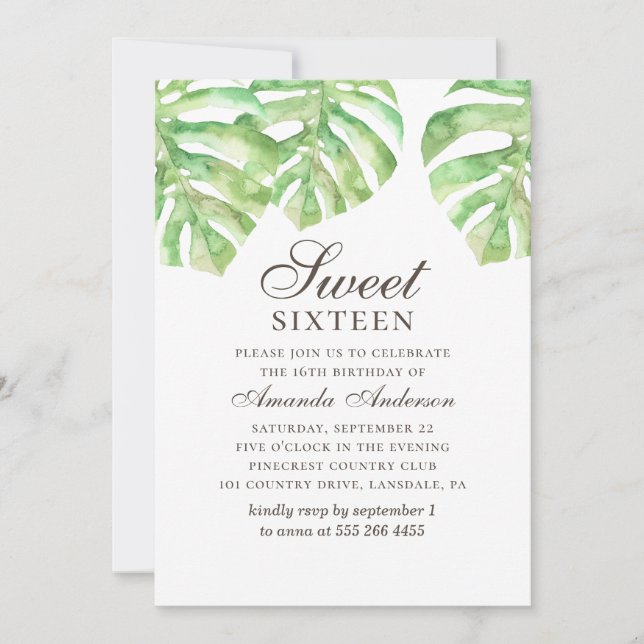 Tropical Sweet 16. Greenery monstera 16th birthday Invitation (Front)