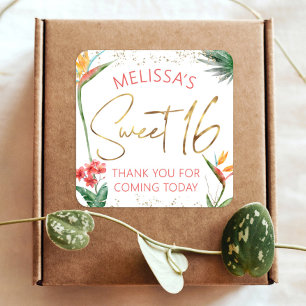 Tropical Sweet 16 Palm Leaf Watercolor Gold Script Square Sticker