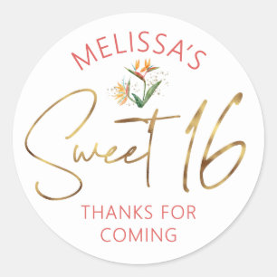 Tropical Sweet 16 Palm Watercolor Gold Script Dots Classic Round Sticker