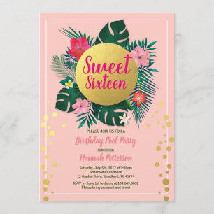Tropical sweet sixteen 16 pool party pink and gold invitation