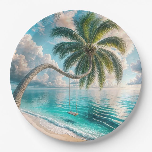 Tropical Swing Hanging From Palm Tree Paper Plate (Front)