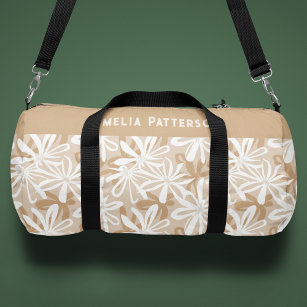Tropical Tan White Floral Pattern Personalised Duffle Bag