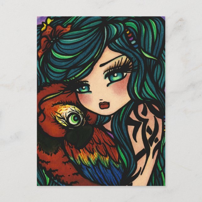Tropical Tattoo Parrot Mermaid Fantasy Art Girl Postcard (Front)
