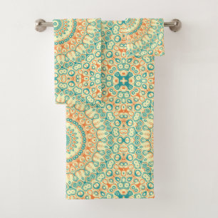 Tropical Teal and Orange Mandala Pattern Bath Towel Set
