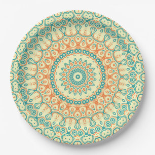 Tropical Teal and Orange Mandala Pattern Paper Plate