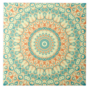 Tropical Teal and Orange Mandala Pattern Tile