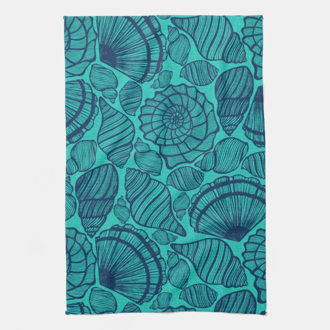 Tropical Teal Beach Seashells Tea Towel (Vertical)