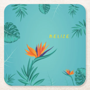 Tropical Teal Blue Green Palm Monogram Belise Square Paper Coaster