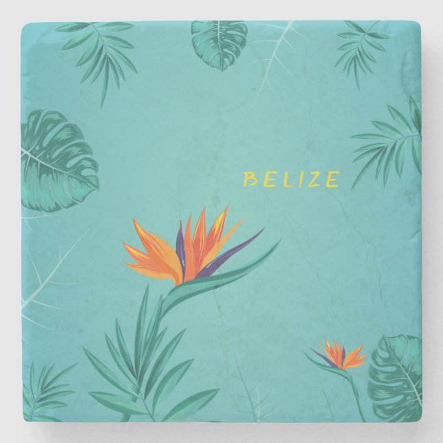 Tropical Teal Blue Green Palm Monogram Belise Stone Coaster (Front)