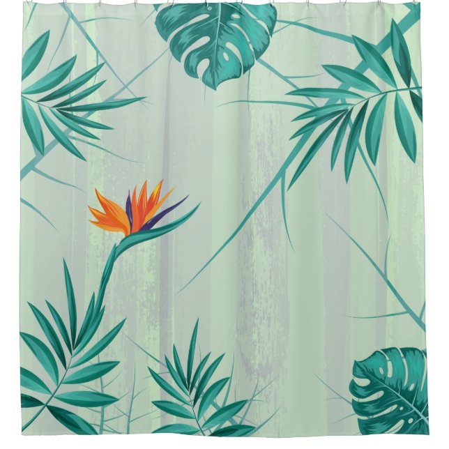 Tropical Teal Blue Green Palm Shower Curtain (Front)