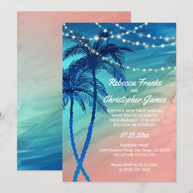 Tropical Teal Blue & Peach Wedding Invitations (Front/Back)