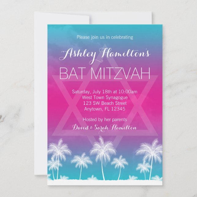 Tropical Teal Blue Pink Bat Mitzvah Invitation (Front)