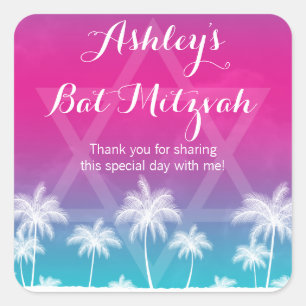Tropical Teal Blue Pink Bat Mitzvah Square Sticker