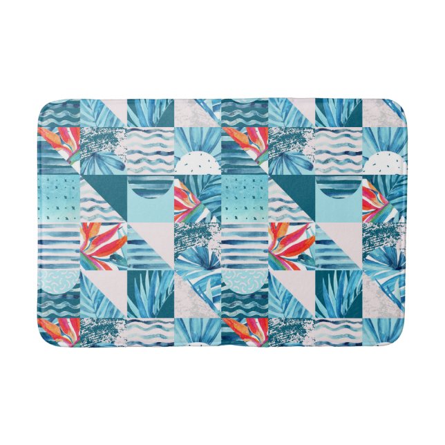 Tropical Teal Geometric Abstract Pattern Bath Mat (Front)