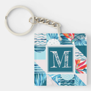 Tropical Teal Geometric Abstract Pattern Key Ring