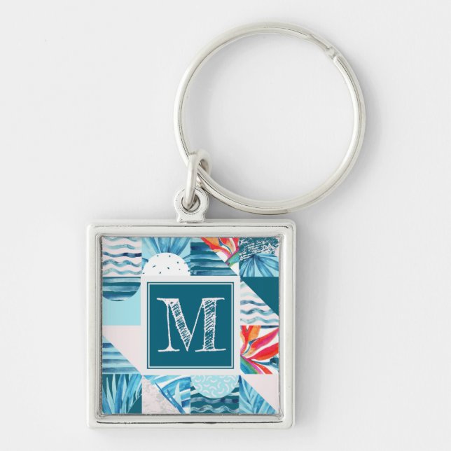Tropical Teal Geometric Abstract Pattern Key Ring (Front)