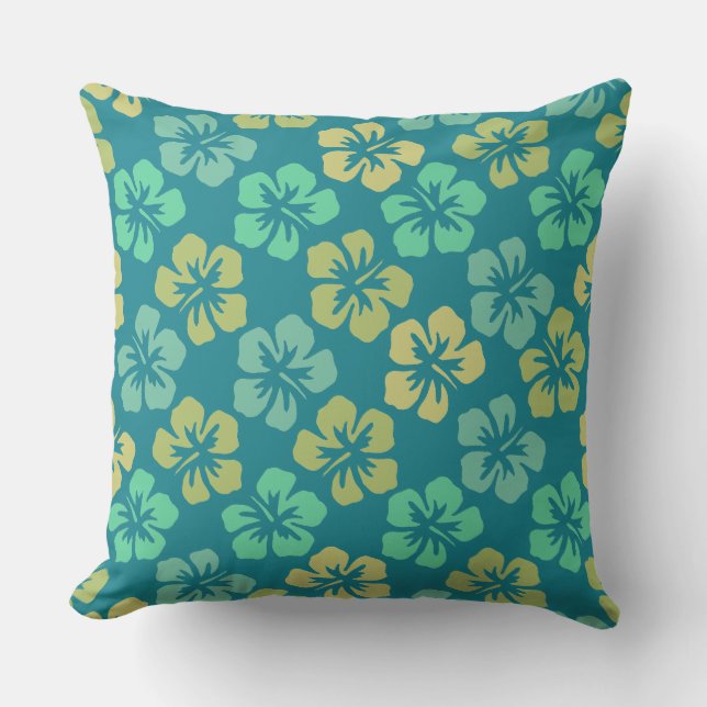 Tropical Teal Hibiscus Flower Pattern Cushion (Front)