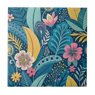 Tropical Teal Jungle Flowers & Boho Floral Pattern Tile