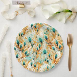 Tropical Teal Mint Orange Peacock Feathers  Paper Plate