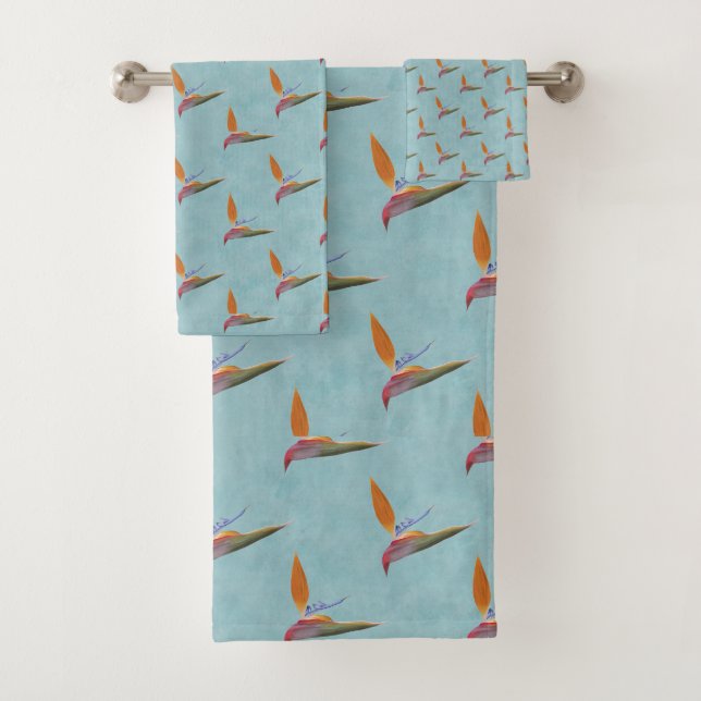 Tropical Teal Modern Bird of Paradise Hand-Drawn Bath Towel Set (Insitu)