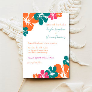 Tropical Teal Orange Pink Hibiscus Wedding Invitation