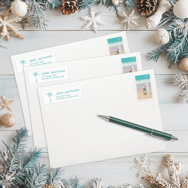 Tropical Teal Palm Tree Return Address Label (Tropical Seas & Greetings Teal Palm Tree Return Address Label)