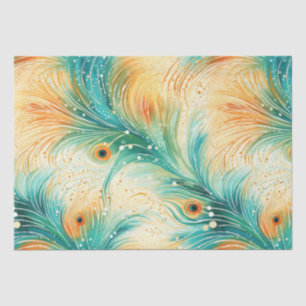 Tropical Teal Peach Orange Peacock Feathers II Tissue Paper