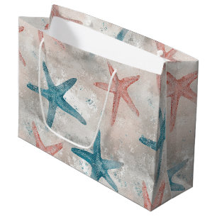 Tropical Teal Starfish Peach Sand Speckled Print Large Gift Bag
