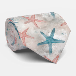 Tropical Teal Starfish Peach Sand Speckled Print Tie