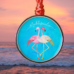 Tropical teal watercolor Monogram  Pink Flamingo Metal Tree Decoration<br><div class="desc">Tropical teal watercolor Monogram Name Two Pink Flamingo</div>