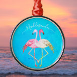 Tropical teal watercolor Monogram  Pink Flamingo Metal Tree Decoration<br><div class="desc">Tropical teal watercolor Monogram Name Two Pink Flamingo</div>