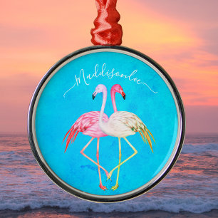 Tropical teal watercolor Monogram  Pink Flamingo Metal Tree Decoration