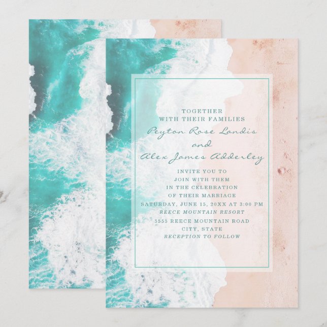 Tropical Teal White Brown Ocean Beach Wedding Invitation (Front/Back)