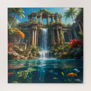 Tropical Temple Waterfall Lake of Fish Jigsaw Puzzle
