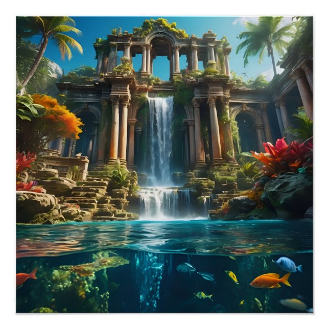 Tropical Temple Waterfall Lake of Fish Poster (Front)