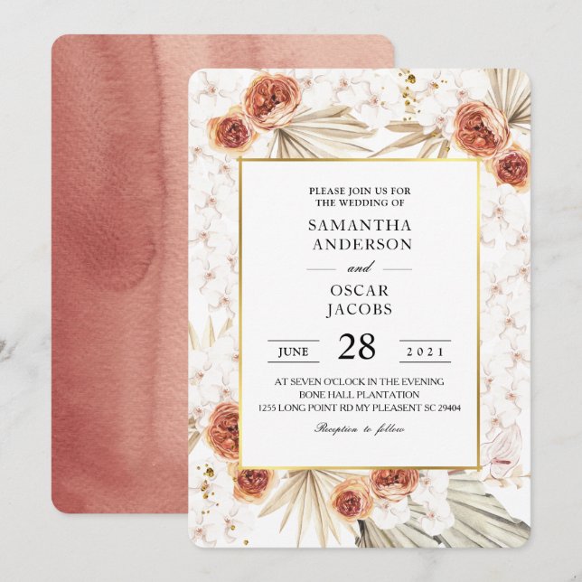 Tropical Terracotta Dried Palm Leaf & Flower Frame Invitation (Front/Back)