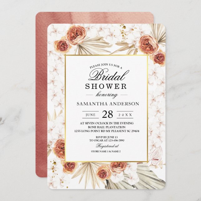 Tropical Terracotta Dried Palm Leaf & Flower Frame Invitation (Front/Back)