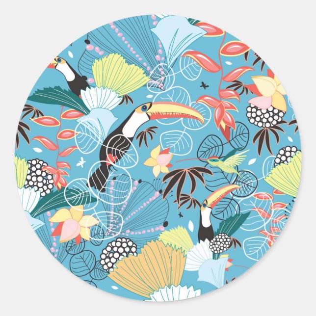 Tropical Texture With Toucans and Hummingbirds Classic Round Sticker (Front)