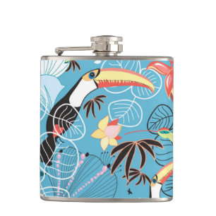 Tropical Texture With Toucans and Hummingbirds Hip Flask