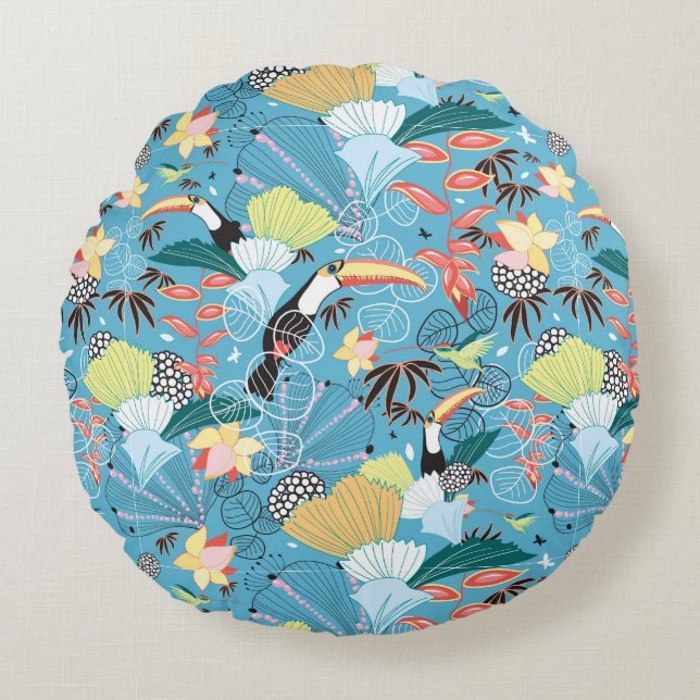 Tropical Texture With Toucans and Hummingbirds Round Cushion (Front)