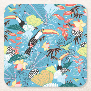 Tropical Texture With Toucans and Hummingbirds Square Paper Coaster