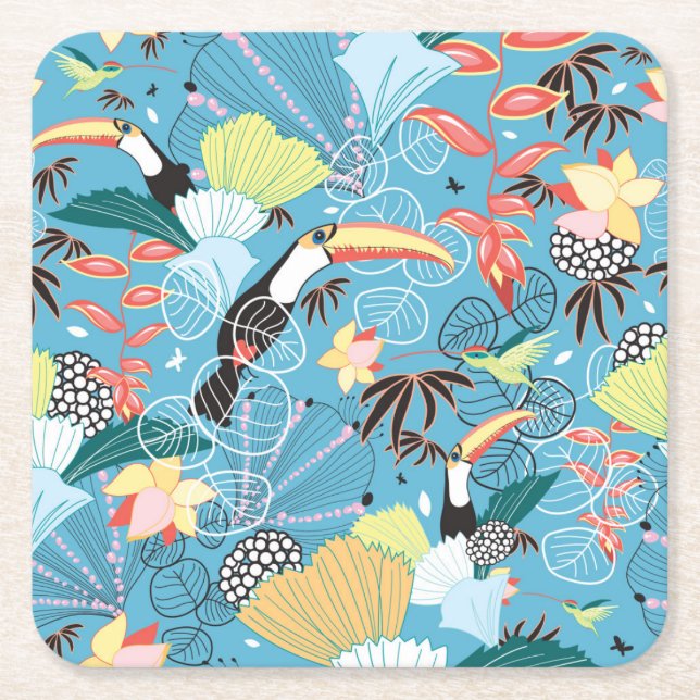 Tropical Texture With Toucans and Hummingbirds Square Paper Coaster (Front)