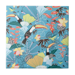 Tropical Texture With Toucans and Hummingbirds Tile