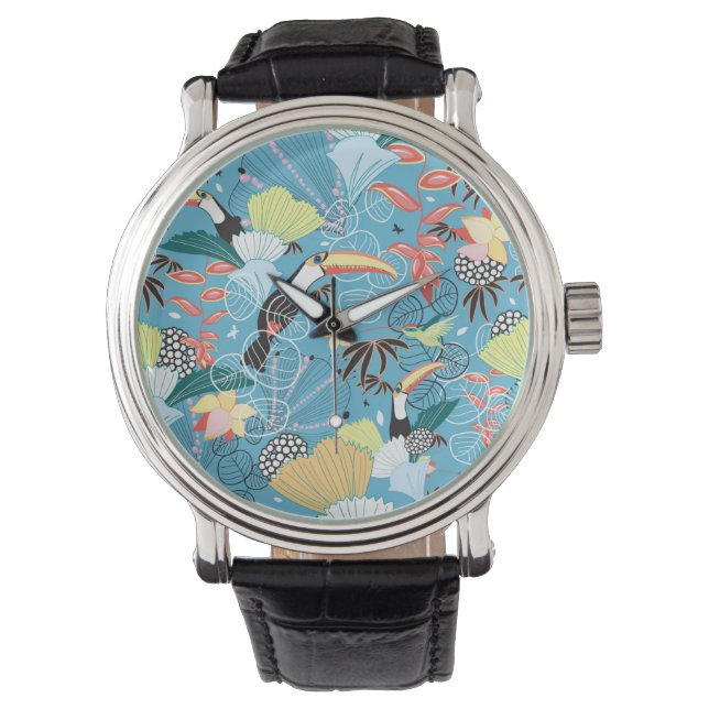 Tropical Texture With Toucans and Hummingbirds Watch (Front)