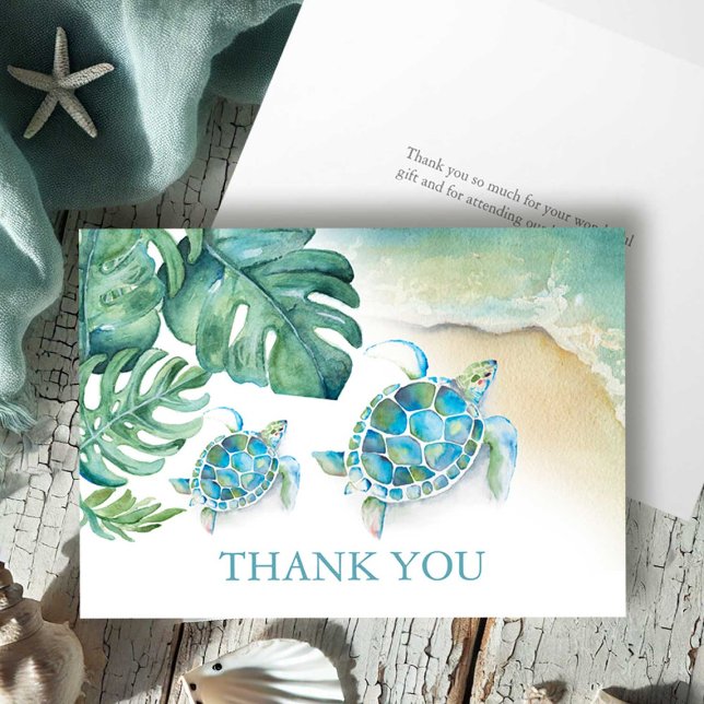 Tropical Thank You Card Watercolor Sea Turtle (Thank you card features tropical watercolor sea turtle art by Victoria Grigaliunas of DoTellABelle)