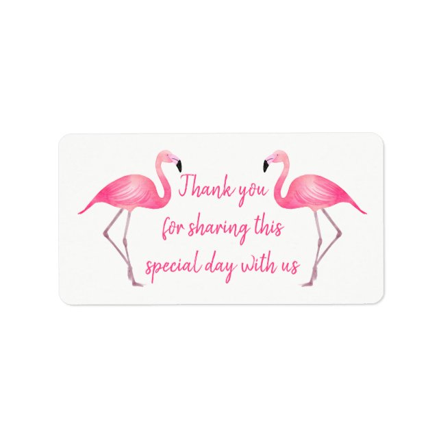 Tropical Thank You Pink Flamingos Wedding Beach Label (Front)