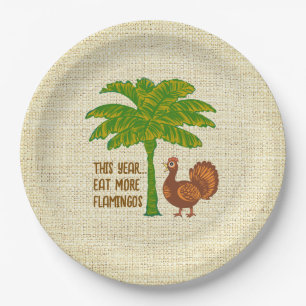 Tropical Thanksgiving Eat More Flamingos Paper Plate
