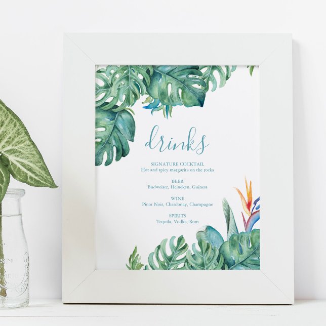 Tropical Theme Beach Wedding Cocktails Sign (Tropical menus signature drink sign features monstera palm leaves and flowers.)
