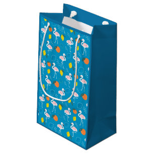 Tropical Theme Flamingo Fruits on Blue Background  Small Gift Bag